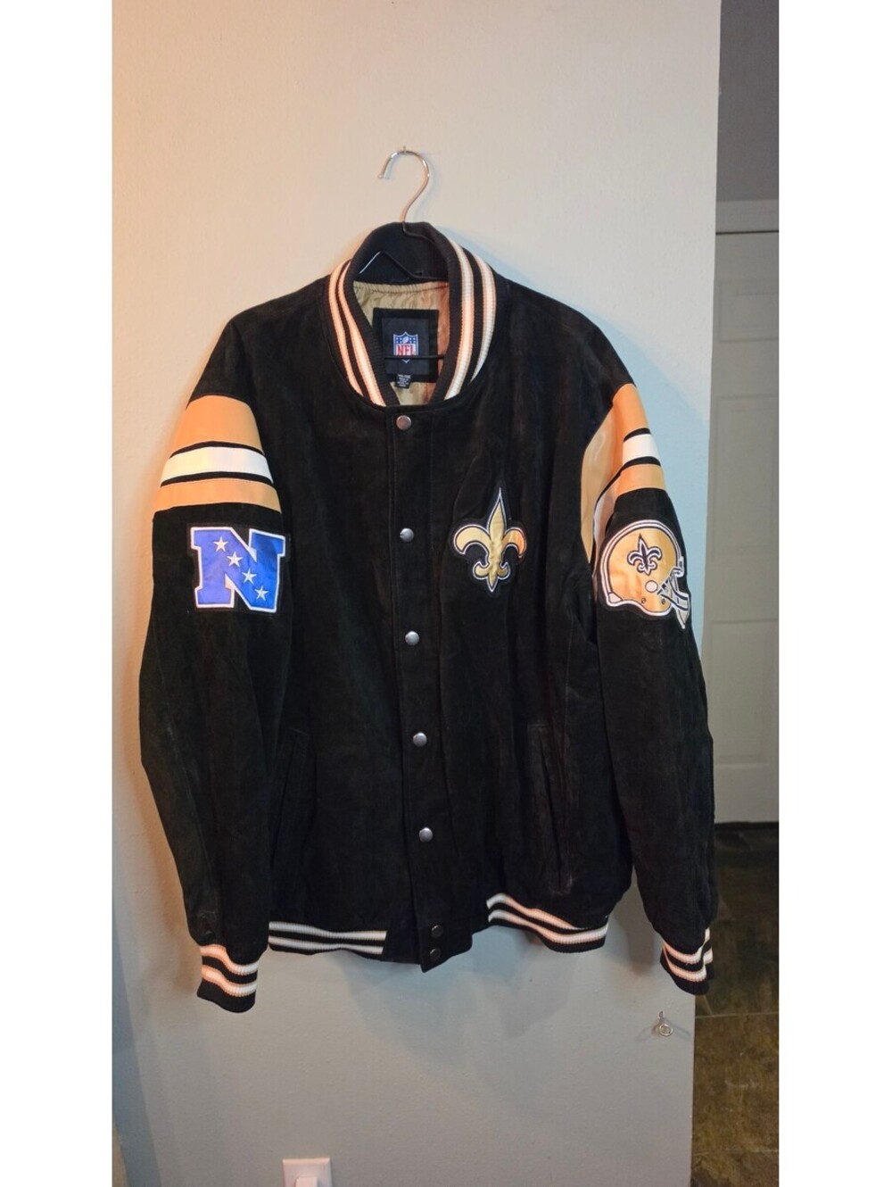 NFL New Orleans Saints Black Suede Leather Varsity Snap Jacket XXL